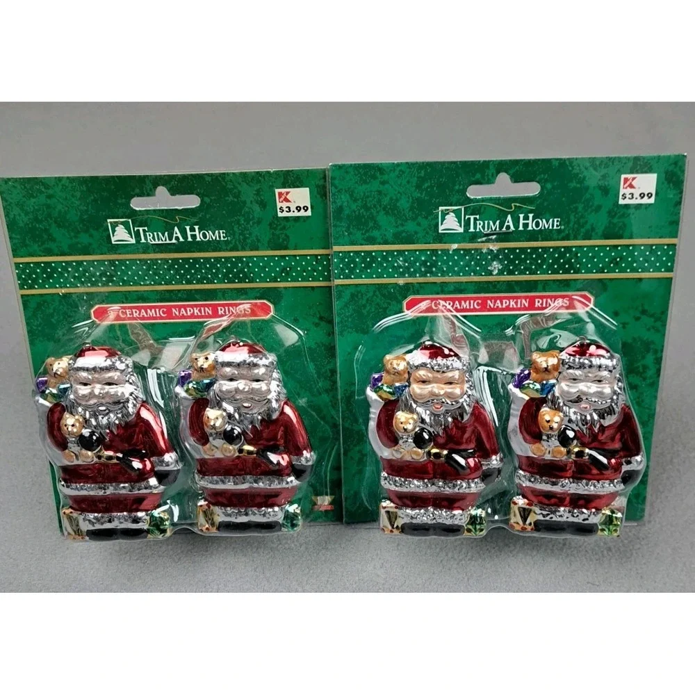 Vintage Ceramic Santa Napkin Rings Lot Of 4 Holiday Tableware Allure 90s NEW NOS